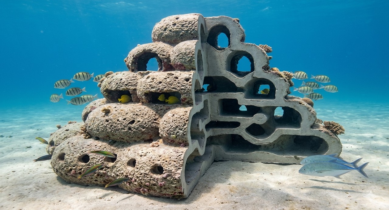 Dome-shaped artificial reef structure with lobsters and fish