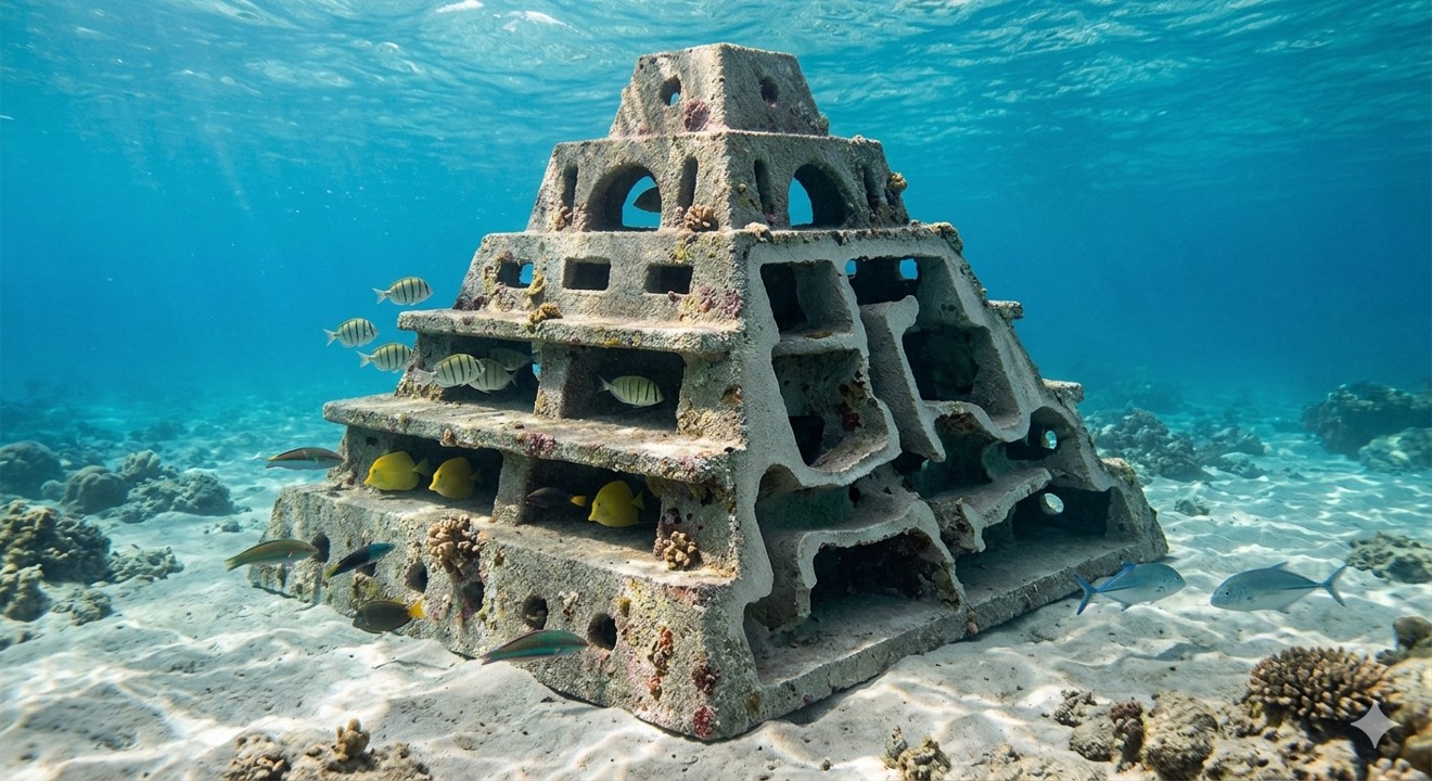 Pyramid-shaped artificial reef structure with reef fish